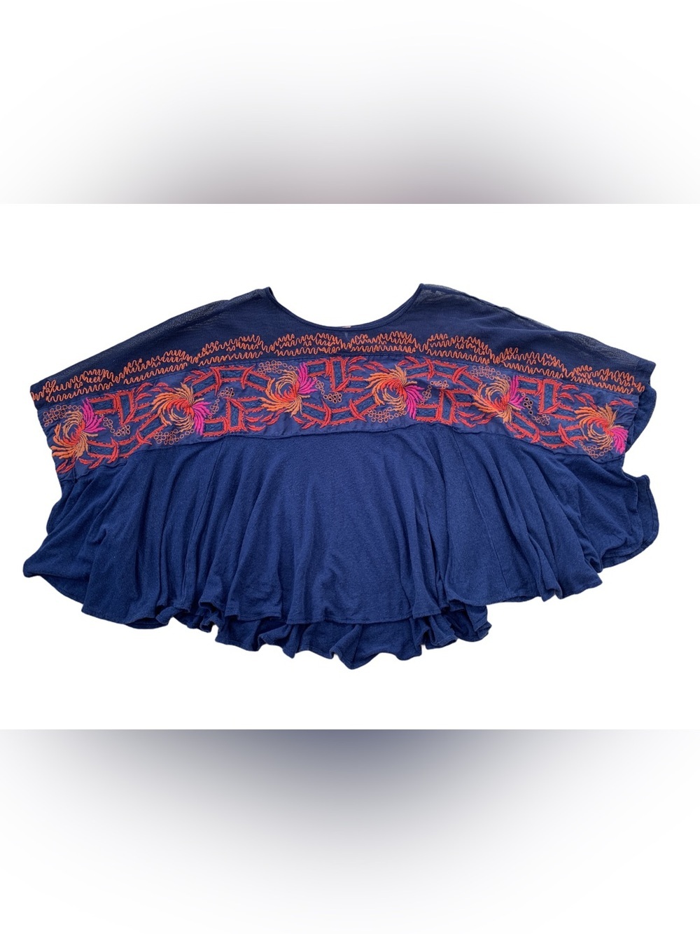 Free People Women’s Large Love Letter Embroidered Poncho Linen Blend Swing Tee